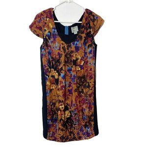 Anthro Maeve Womens Pintura Silk Floral Shift Mini Dress Brown Small Scoop Neck‎